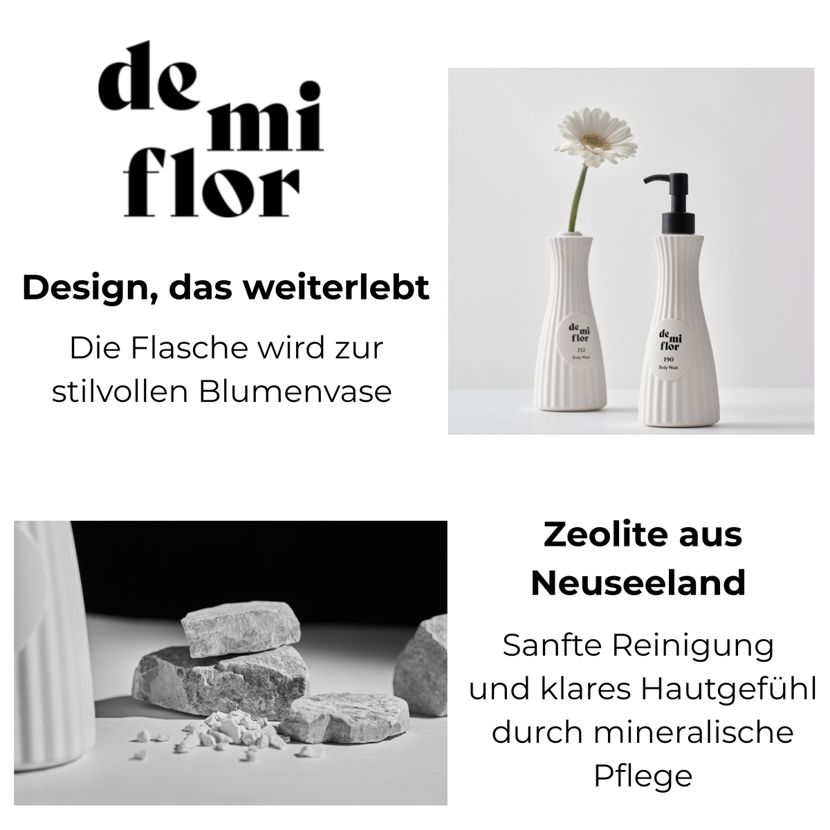 de mi flor Markenübersicht mit weißen Body-Wash-Flaschen, einer als Blumenvase verwendeten Flasche und grauem Zeolithgestein.