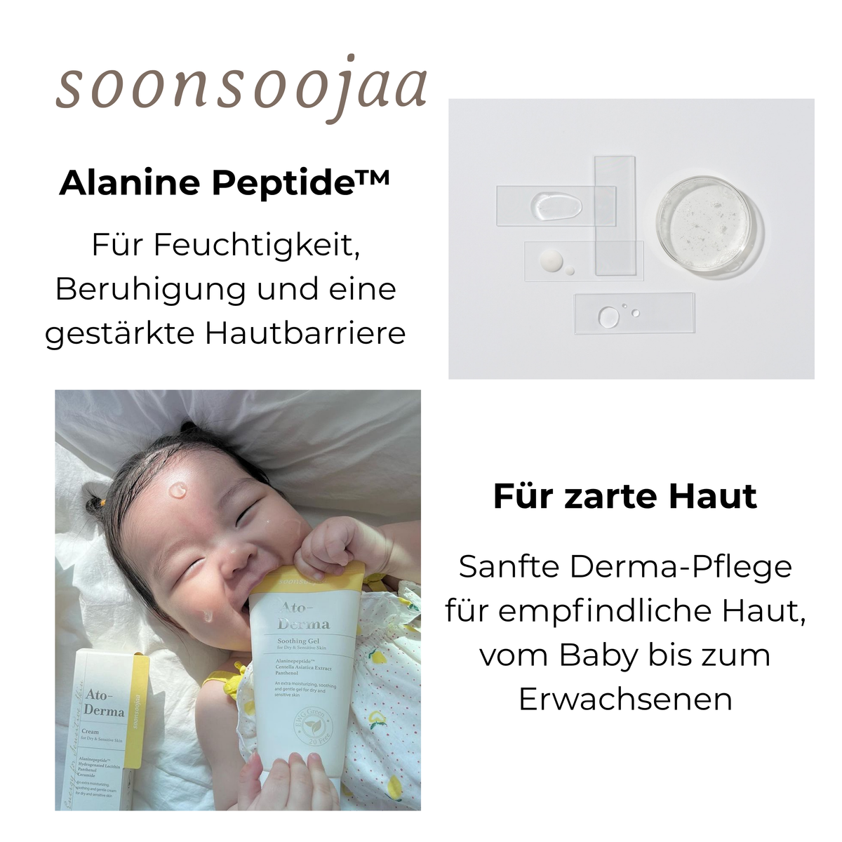 Soonsoojaa Markenübersicht mit Alanine Peptide, transparenten Serumtexturen und einem lächelnden Baby neben Ato-Derma Hautpflegeprodukten.